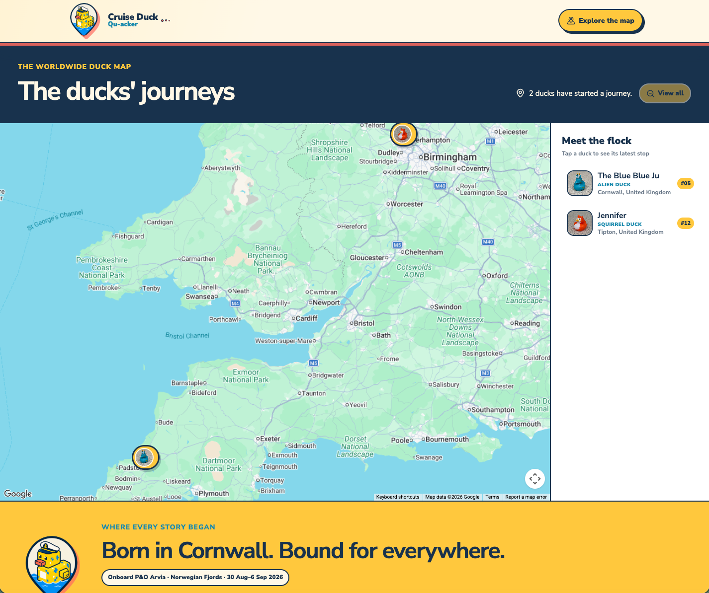 The Cruise Duck Qu-acker map showing ducks beginning their journeys from Cornwall